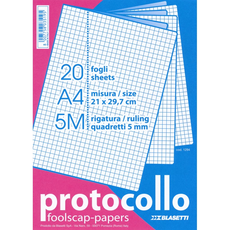 FOGLI PROTOCOLLO - QUADRETTI 5mm - 5M - 30 FOGLI